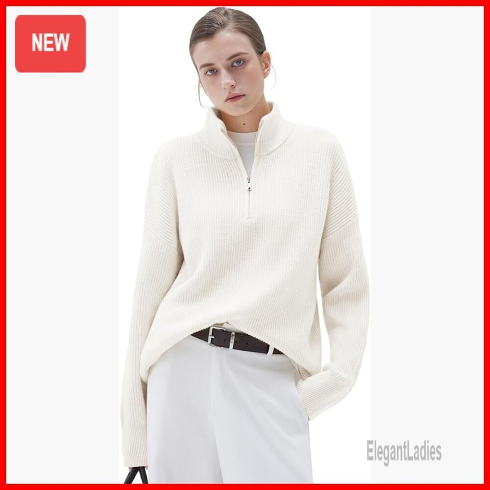 Oversized Quarter Zip Cashmere Blend Pullover Sweater Long Sleeve Ribbed